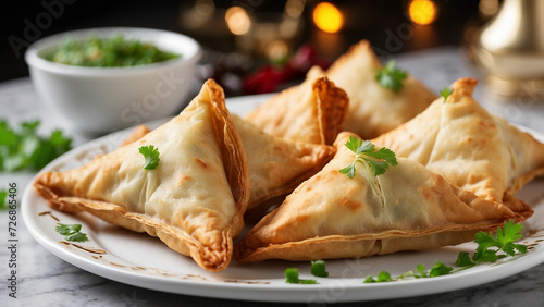 A close up shot of chicken samosas arranged artfully on a clean white plate and zoom in to reveal the intricate layers of the flaky pastry and the savory filling bursting with flavor