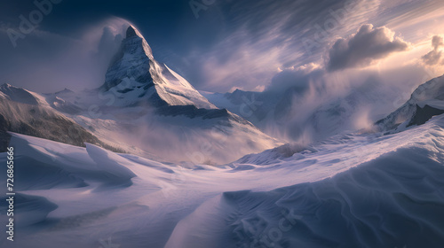 A snow covered mountain during incredible winds at its peak. Snow is blowing from its top,
