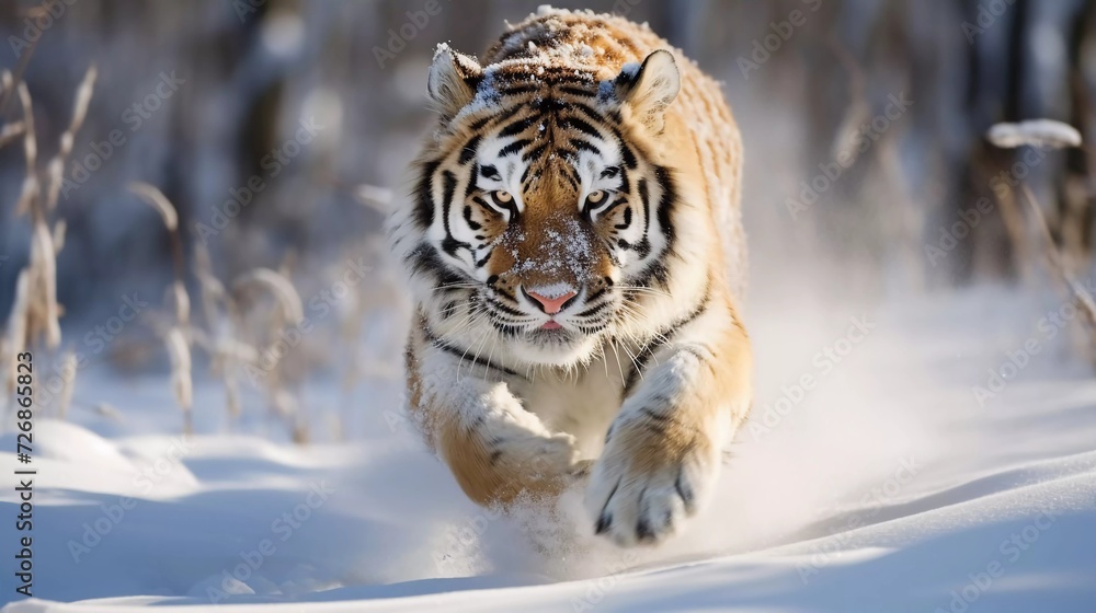 Realistic photo of Siberian Tiger running in the snow. Beautiful, dynamic photo. generative ai