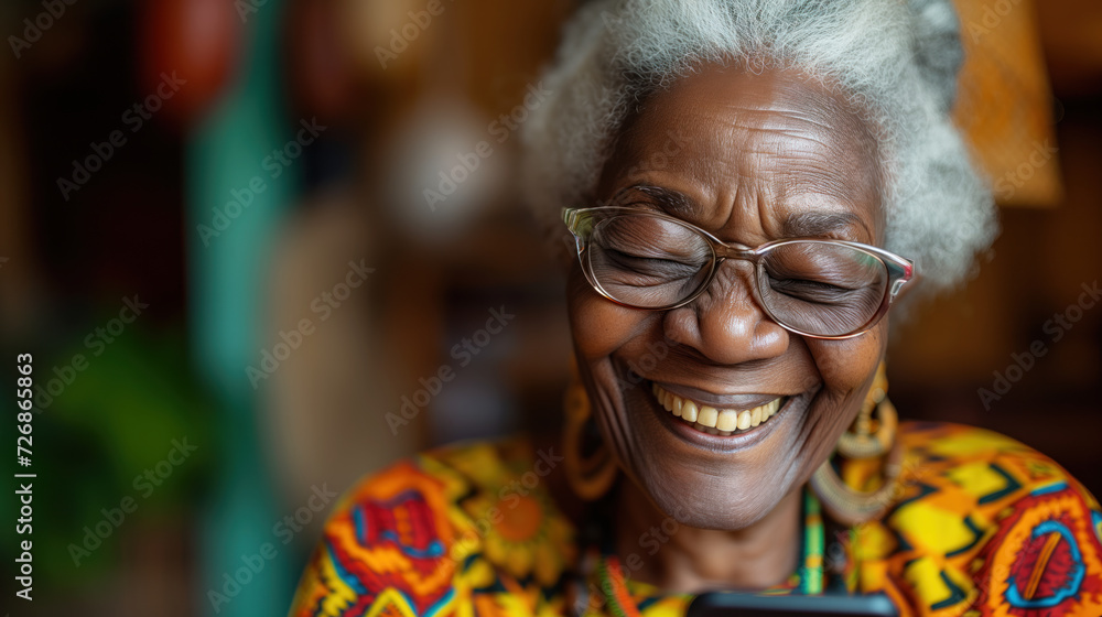 Fototapeta premium Senior African-American woman laughs and smiles while looking at the smartphone screen. The expression of emotional images through the pleasure of communicating with family