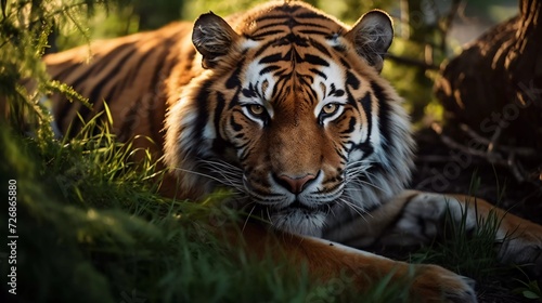 Realistic photo of a Siberian tiger relaxing in the grass. Beautiful  dynamic photo. generative ai
