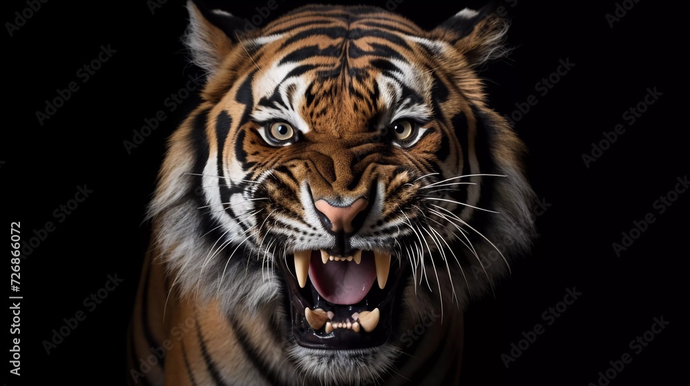 realistic photo Sumatran tiger angry face, angry animal, closeup Sumatran tiger head on white background. generative ai