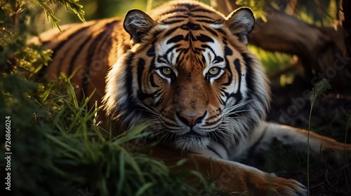 Realistic photo of a Siberian tiger relaxing in the grass. Beautiful, dynamic photo. generative ai