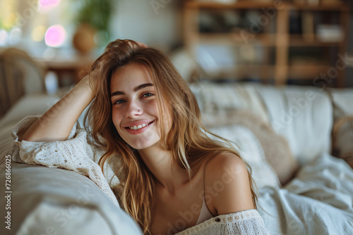 Happy woman relaxing on a sofa at home, embodying comfort, leisure, and a healthy lifestyle with a natural, joyful ambiance.