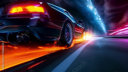As the car speeds down the road the camera focuses on the chrome exhaust pipes emitting bursts of colorful flames. photo