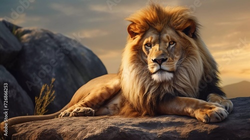 realistic photo of a male Lion lying on a rock. A relaxed predator looks into the distance. generative ai