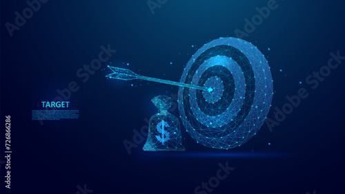 Blue abstract illustration of an arrow hitting the target and a money bag. Ideal for illustrating the concepts of success, achievement and goals. Low poly wireframe style technology blue background.