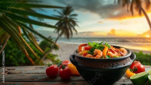 Beautifully Moqueca traditional Brazilian seafood stew  rich in colors with shrimp  bell peppers  tomatoes  and cilantro  served in a traditional black clay pot on wooden table with beach and a sunset