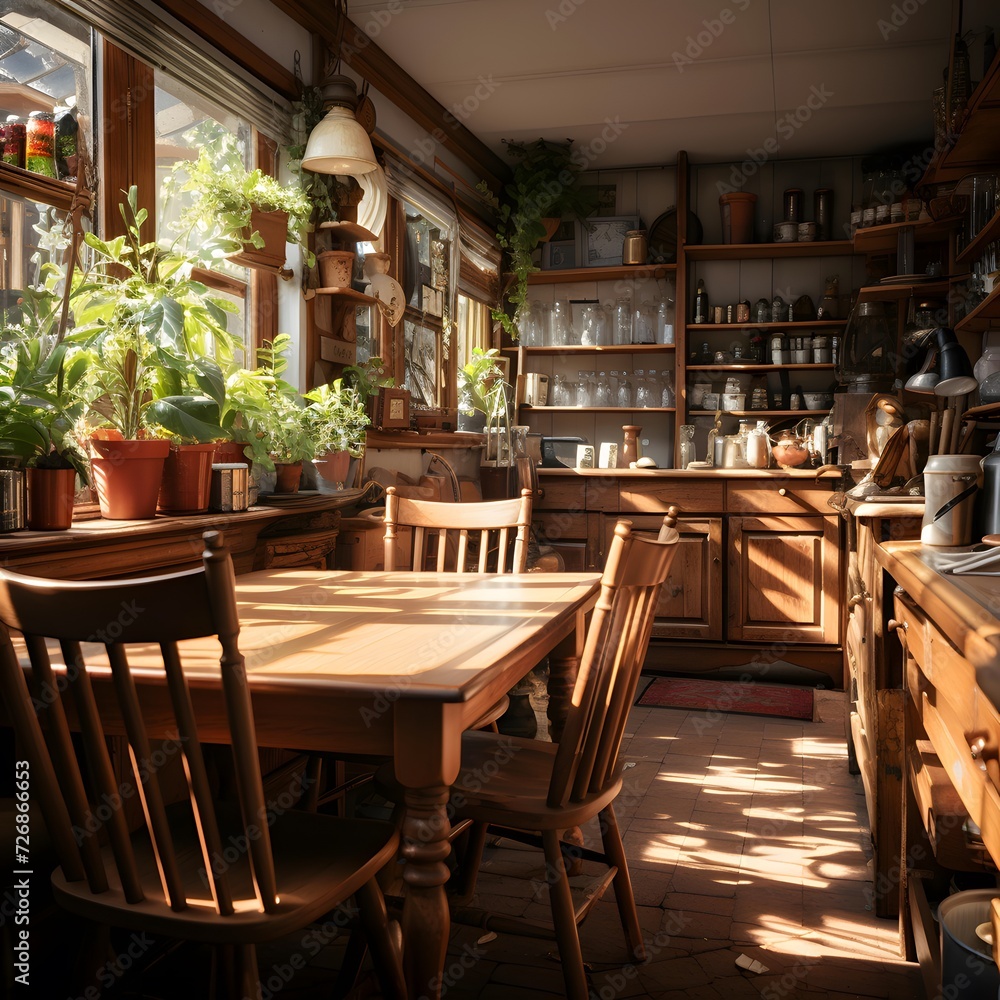 Interior of a restaurant with wooden tables, chairs, and plants