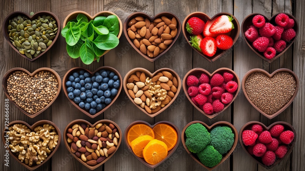 Heart-shaped dishes filled with a variety of superfoods, including fruits, nuts, and seeds, on a wooden background for healthy living.