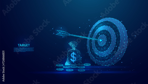 Blue low poly style abstract illustration of arrow hitting target and coin bag illustration. describes successful financial goals. Suitable for concepts related to business and finance.