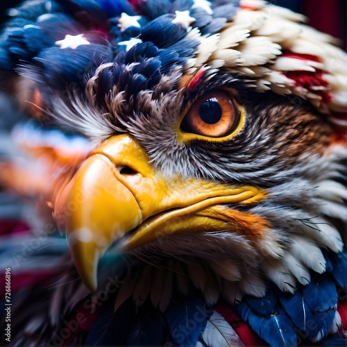 Fantastic eagle , Extreme closeup with fisheye , dynamic camera angle, dramatic blue light, colorful, fashion shoot, highly detailed , abstract , exploding colorful dust Generative AI © Borys