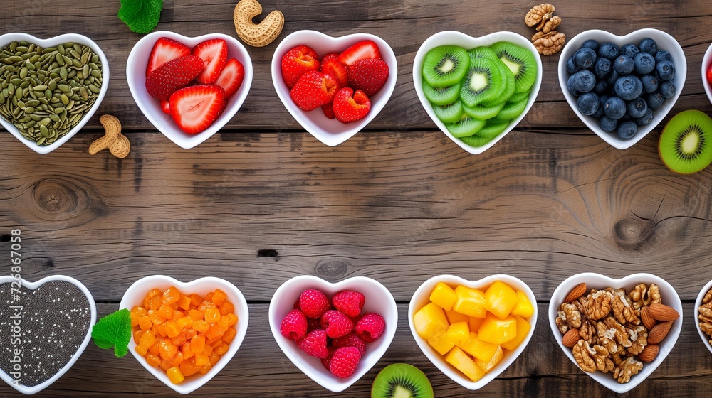 Naklejka premium Heart-shaped dishes filled with a variety of superfoods, including fruits, nuts, and seeds, on a wooden background for healthy living.