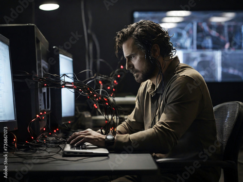 A man sitting at a computer and tied by wires coming from the monitor. Illustration created with AI technology tools 