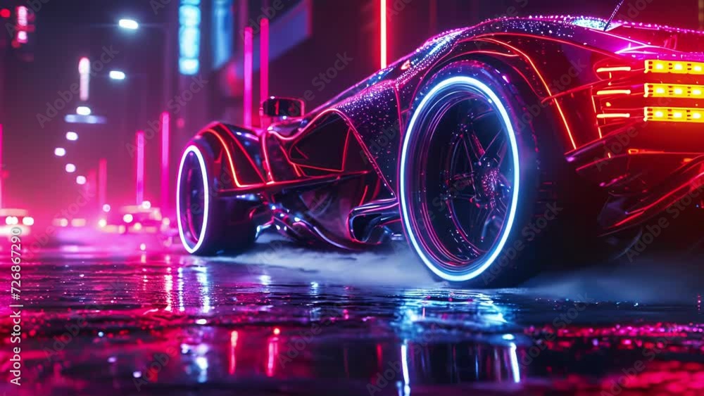 A closeup of a neon nightcrawlers wheels spinning and leaving a trail of neon light behind symbolizing the constant motion and energy of city life at night. A closeup of a neon nightcrawlers wheels spinning and leaving a trail of neon light behind symbolizing the constant motion and energy of city life at night.