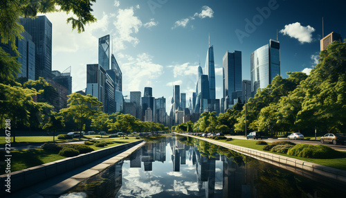 Modern city skyline reflects in the blue water at dusk generated by AI