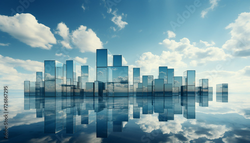 Futuristic cityscape reflects modern architecture in a bright blue sky generated by AI