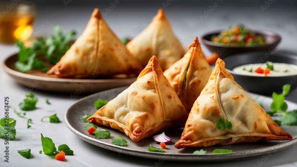 Image of your chicken samosas elegantly plated on a white background with use lighting to emphasize the appetizing colors and textures, making the viewer crave a taste of these mouthwatering treats Image of your chicken samosas elegantly plated on a white background with use lighting to emphasize the appetizing colors and textures, making the viewer crave a taste of these mouthwatering treats