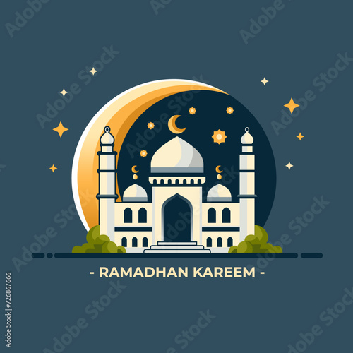 Fotografía mosque with a crescent moon behind it and plants beside it and a star with two m