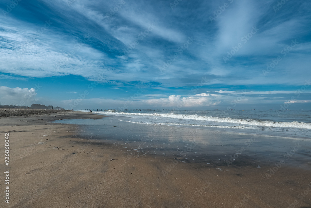 old pier ruins extends to the sea beach view from the Venice of the East Alappuzha Kerala India. Famous destination of backwaters in Kerala top tourist places in Kerala.