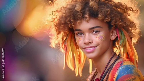 A passionate Brazilian youth, his wild hair matching his fiery spirit. His colorful attire reflects his vibrant culture. His lively brown eyes illuminate his passion for advocating for immigrant photo