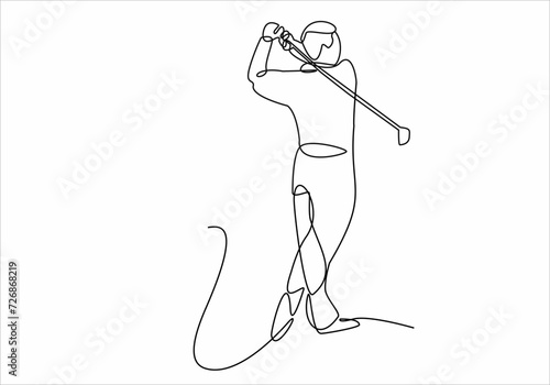 A single line drawing of a sporty young golfer hitting the ball using a golf club vector graphic illustration. Healthy exercise concept. Modern continuous line drawing design for golf tournament poste