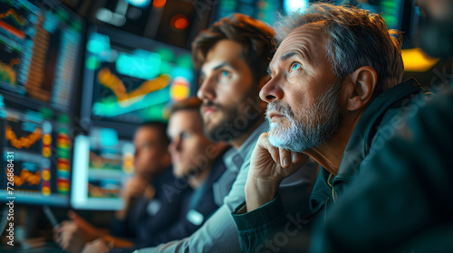 A group of financial analysts deeply engrossed in monitoring and analyzing live stock market data on computer screens. 