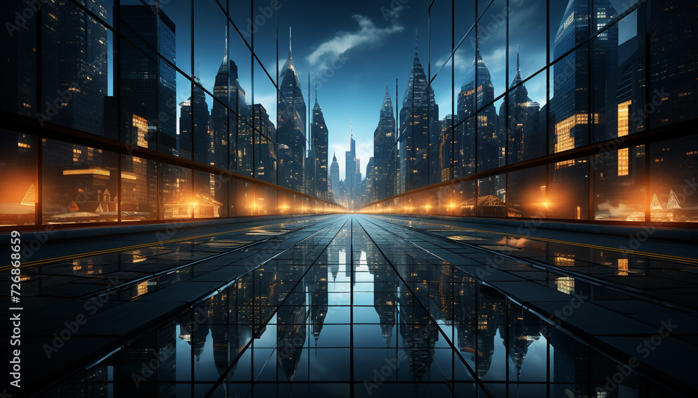 Skyscrapers illuminate city, reflecting modern architecture in vibrant night skyline generated by AI Skyscrapers illuminate city, reflecting modern architecture in vibrant night skyline generated by AI