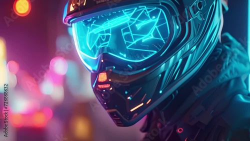 A holographic portrait of a streetwise courier with a cybernetic eye and neonlit bike helmet representing the fastpaced and hightech lifestyle of a courier in a cyberpunk photo