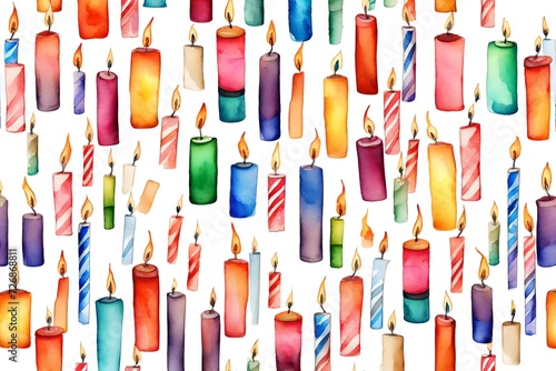 A Close-Up Exploration of a Multicolored Candle Composition on a Beige Canvas, Adorned with Elegant Golden Decorations, Confetti, and Delicate Bokeh. Unveiling a Captivating Christmas Background Infus