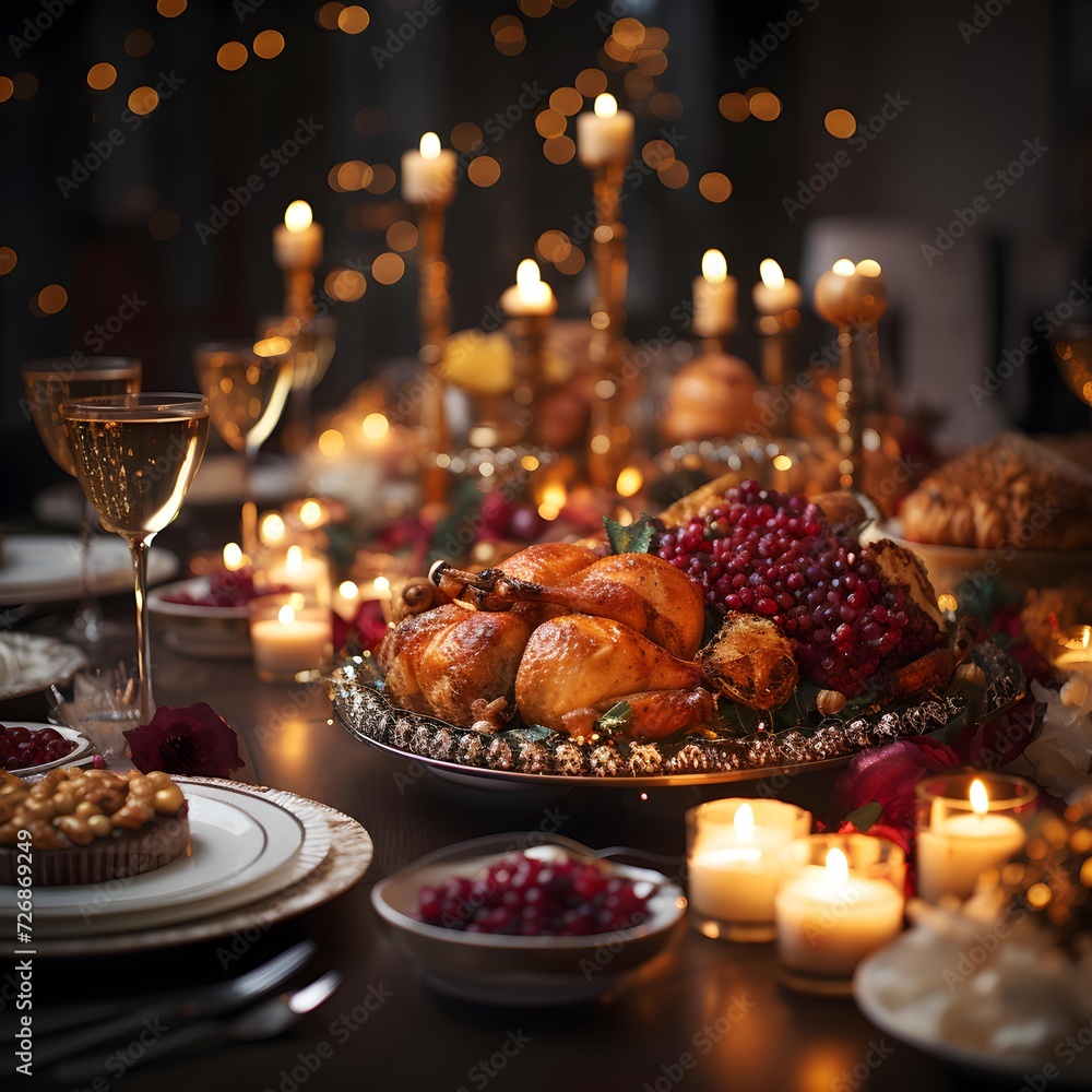 Festive table setting for christmas dinner in dark room with candles