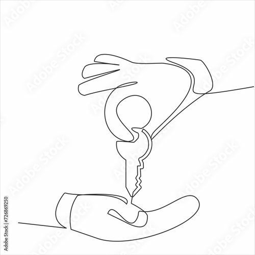 Continuous line drawing. Hand holding car or apartment keys. Black lines on a white background.