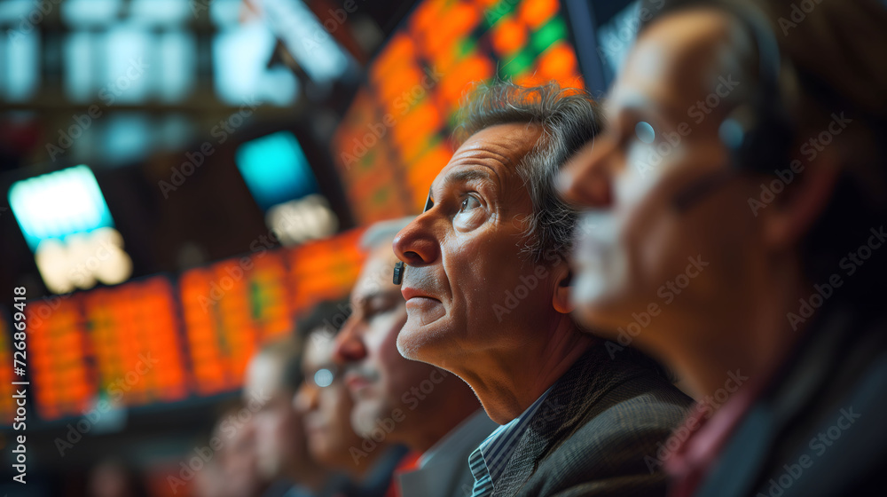 Focused stock traders with headsets observing fluctuating market boards, indicating active trading on the stock exchange floor.
