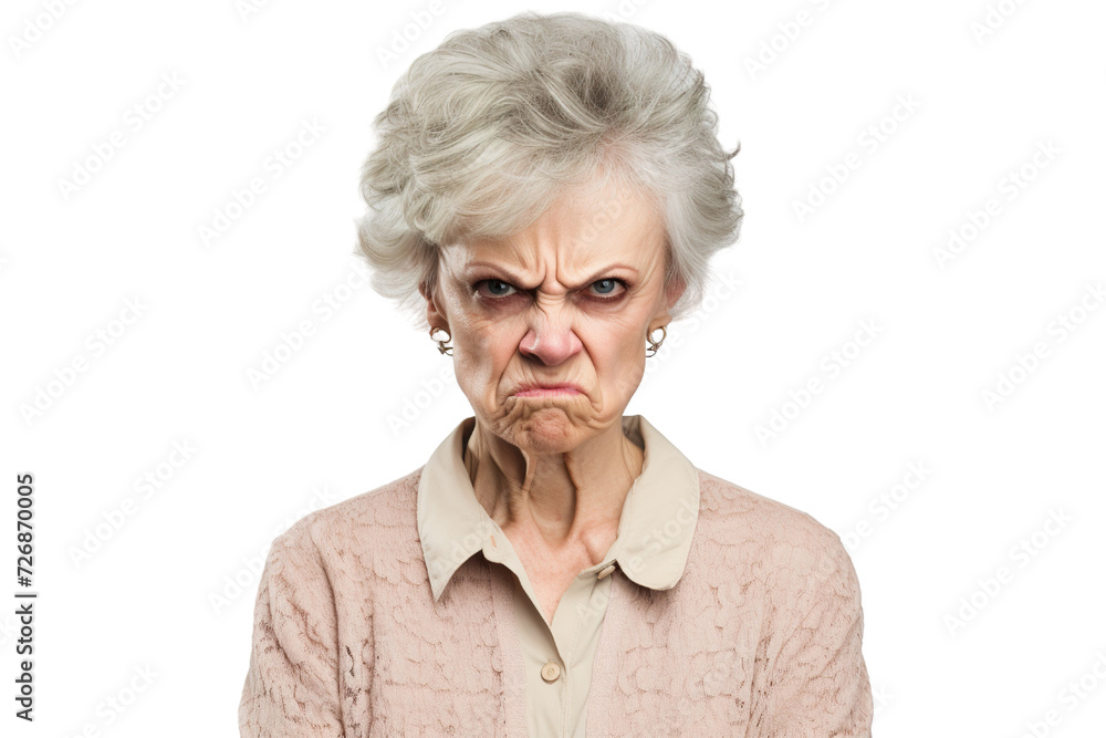 Angry belligerent senior woman looking at the camera white background PNG Angry belligerent senior woman looking at the camera white background PNG