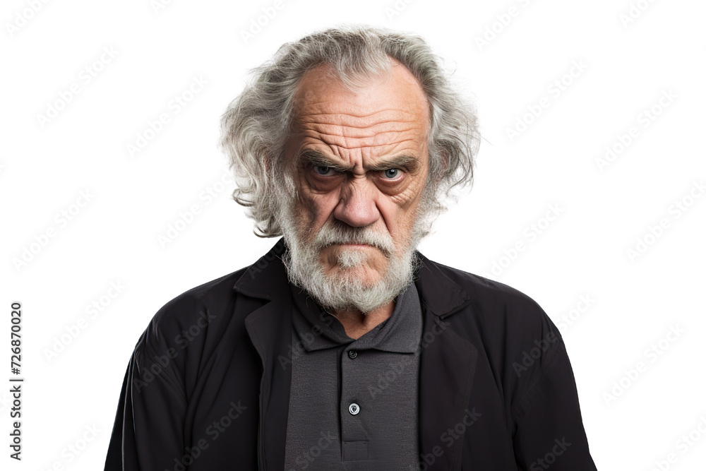 Angry belligerent senior man looking at the camera white background copy space Angry belligerent senior man looking at the camera white background copy space
