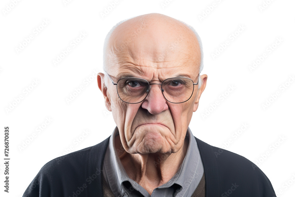 Angry belligerent senior man looking at the camera white background copy space Angry belligerent senior man looking at the camera white background copy space