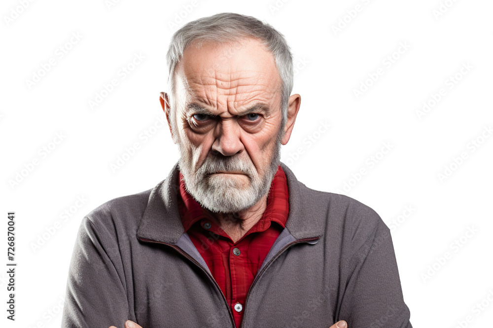 Angry belligerent senior man looking at the camera white background copy space Angry belligerent senior man looking at the camera white background copy space