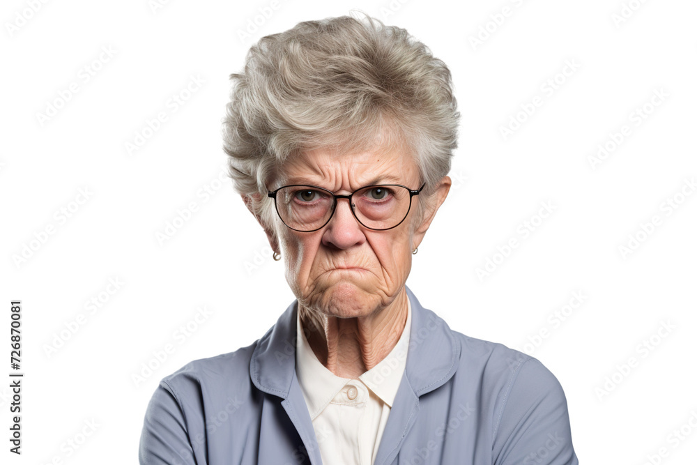 Angry belligerent senior woman looking at the camera white background PNG Angry belligerent senior woman looking at the camera white background PNG