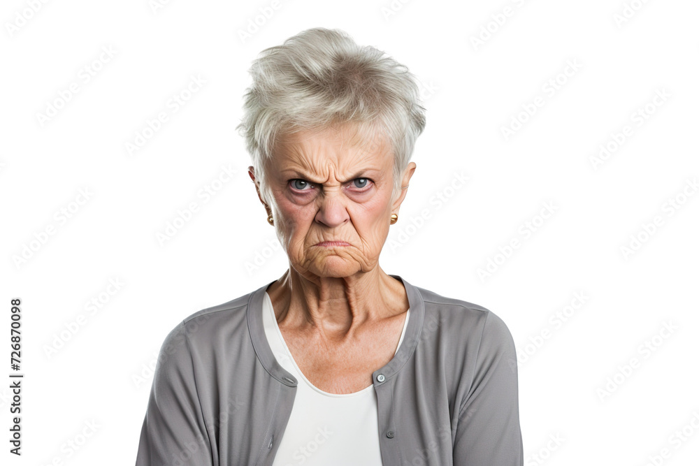 Angry belligerent senior woman looking at the camera white background PNG Angry belligerent senior woman looking at the camera white background PNG