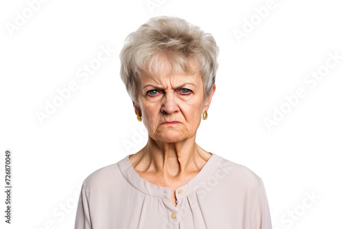 Angry belligerent senior woman looking at the camera white background PNG 