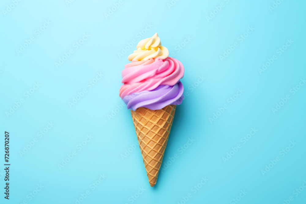 Colorful ice cream in waffle cone flat lay on colored background. Generative AI Colorful ice cream in waffle cone flat lay on colored background. Generative AI