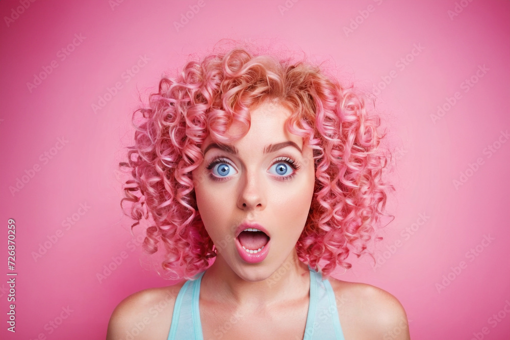 Portrait of attractive amazed girl with pink curly hair on pink background