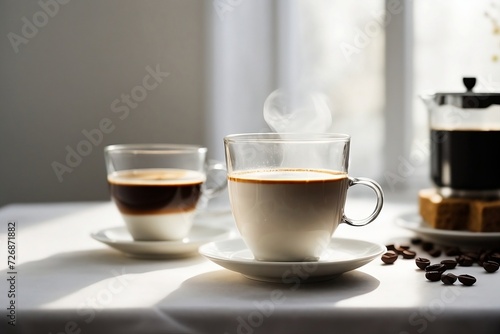 Showcasing two cups of coffee, one deep and inky, the other smooth and milky, placed delicately on a pure white table