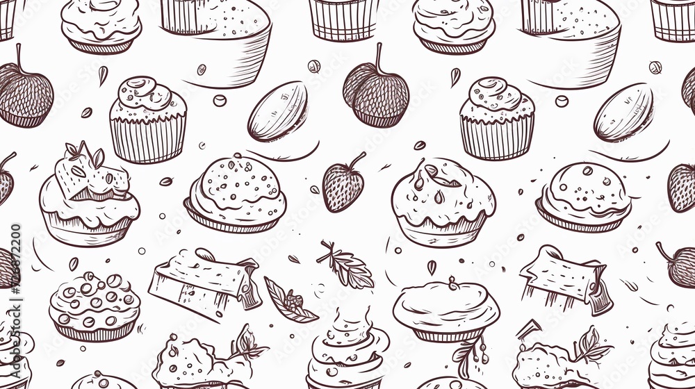Seamless pattern with hand drawn cupcakes and cakes