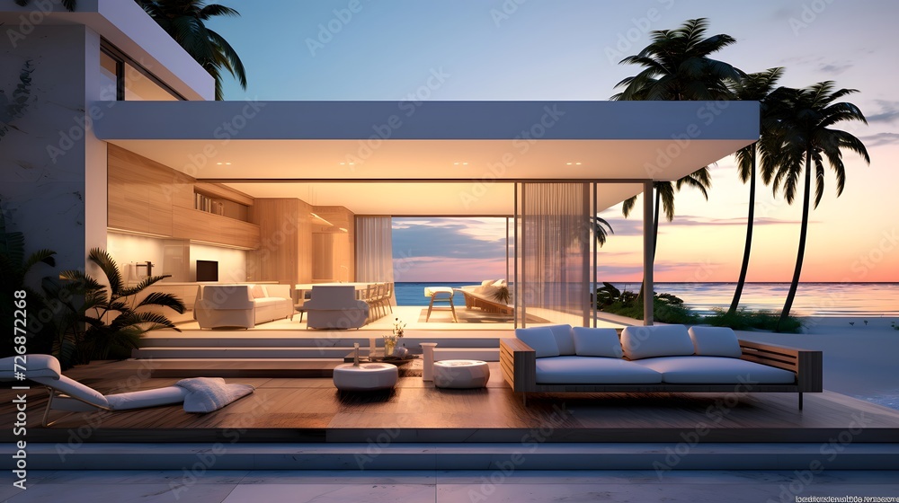 3d rendering of a modern house on the beach with swimming pool