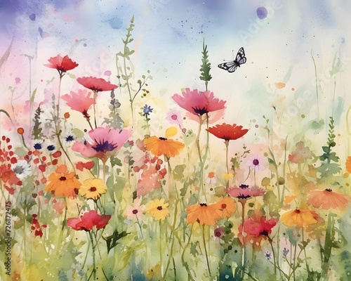 Beautiful spring meadow with colorful flowers and butterflies, watercolor painting