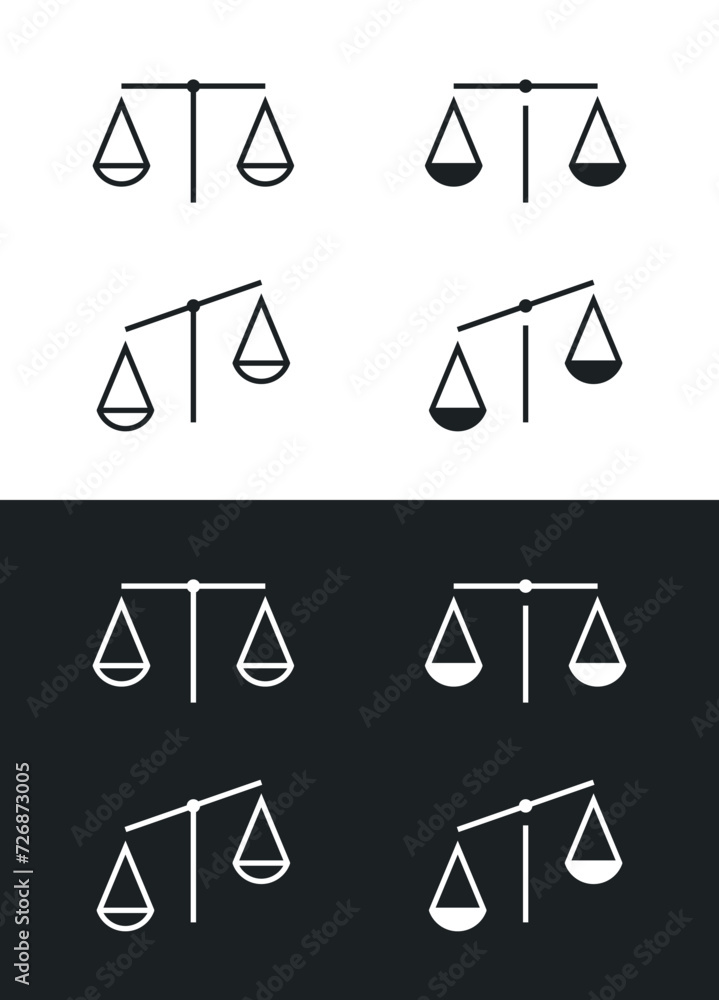 Set of scales icons. Symbol of justice, balance and weight. Attribute of a lawyer, store or Themis. Set of scales icons. Symbol of justice, balance and weight. Attribute of a lawyer, store or Themis.