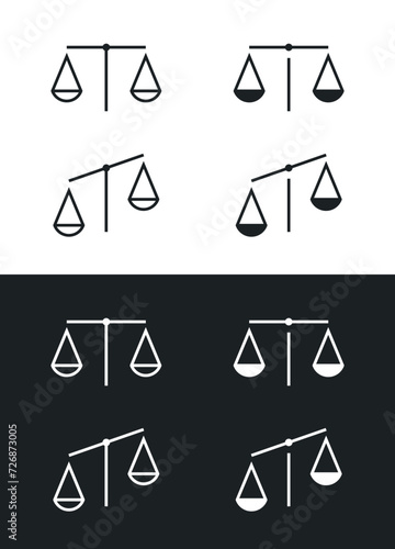 Set of scales icons. Symbol of justice, balance and weight. Attribute of a lawyer, store or Themis.