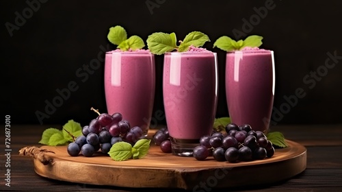 Three glasses of grape smoothies with fresh berries on a wooden board