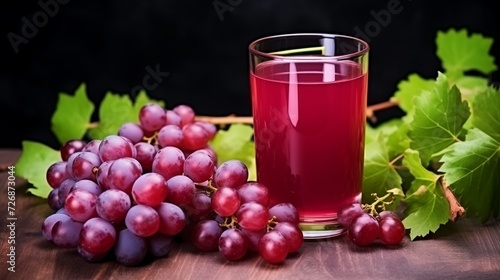Grape juice in a glass and fresh grapes on a black background
